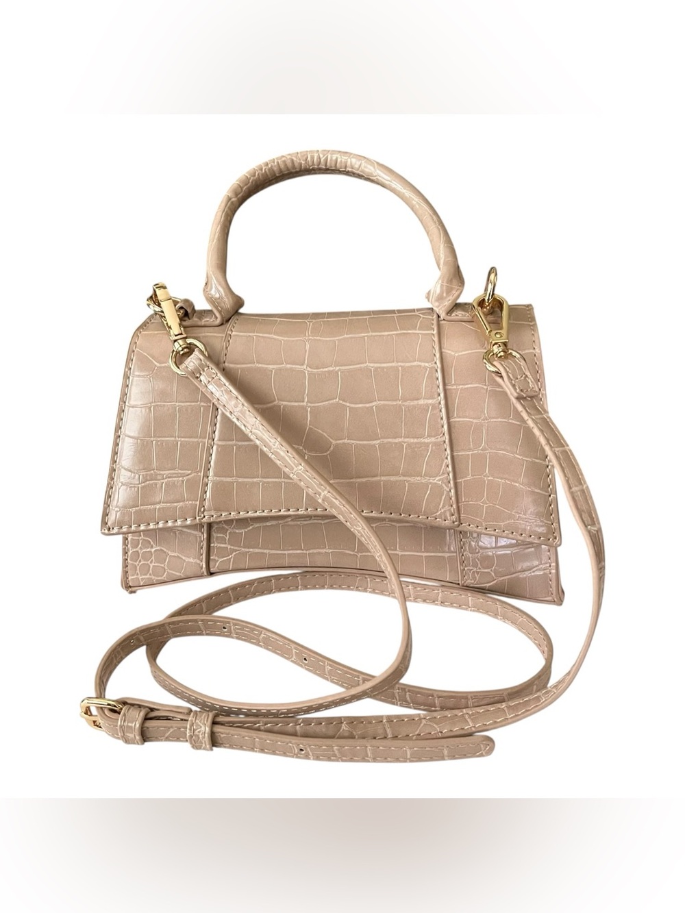 Crocodile-Embossed Tan Vegan Leather Top Handle Satchel Bag Crossbody Purse Chic